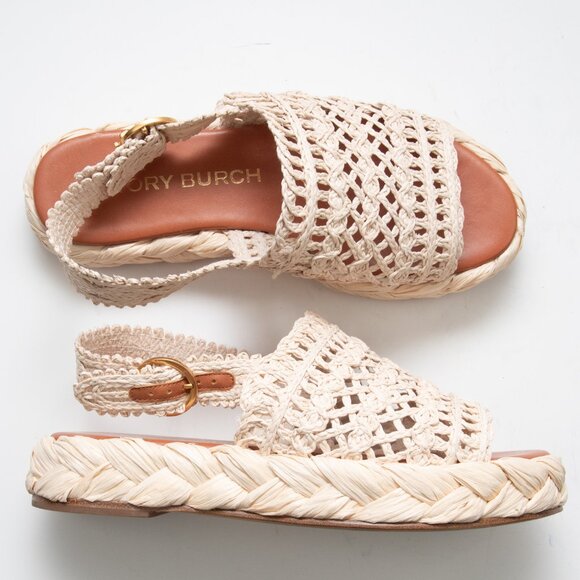 Tory Burch Woven Raffia Flatform Slingback Sandals Ivory Natural Gold Size 8